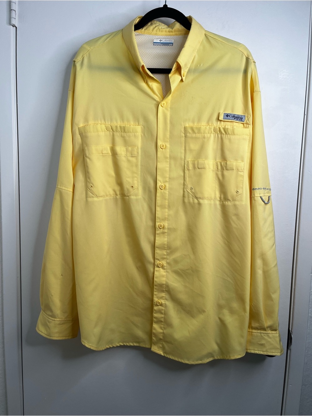Columbia PFG Fishing Shirt Mens Large Yellow Button Up Omni-Shade Long Sleeve